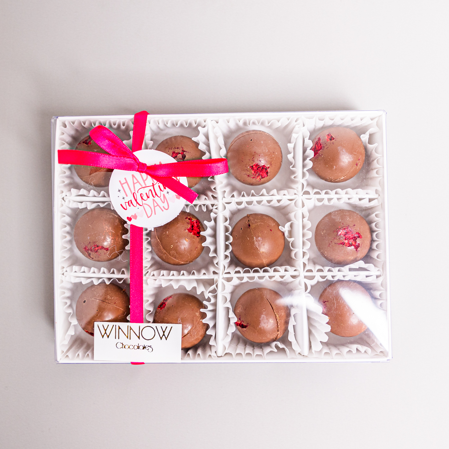 Valentine's Day Winnow Choc 12pc Raspberry & Sweet Orange Spheres